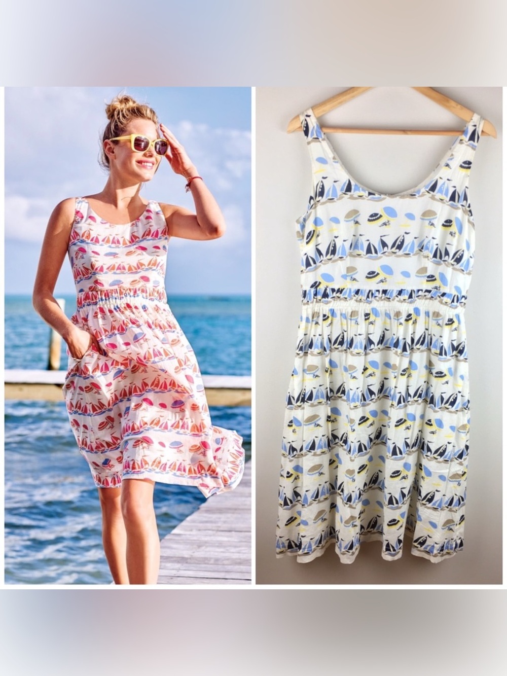 Boden Sleeveless Midi Dress with Sailboat Print in Pink & Blue